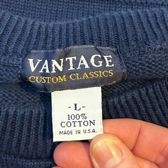 Vantage Custom Classics Mens Large Blue Cotton Knit Crewneck Sweater Made in USA - Picture 4 of 8